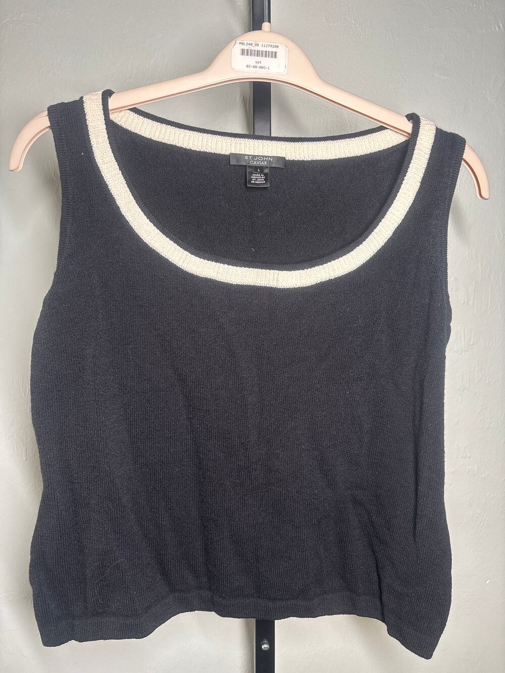 St. John Caviar Sweater Tank Top Womens Large Black Cream Trim Santana Knit